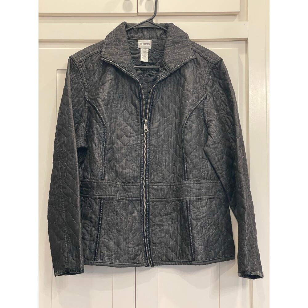 Chico's Charcoal  Black Floral Quilted Jacket Blazer 3/XL Faux Leather accents